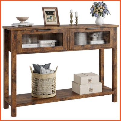 Homhougo Entryway Table, Wood Console Table with 2 Glass Drawers Brown