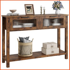 Homhougo Entryway Table, Wood Console Table with 2 Glass Drawers Brown - 1 of 4