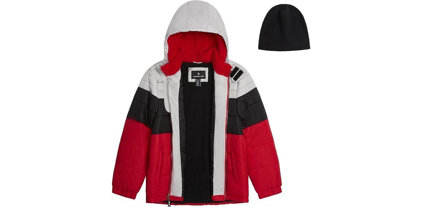 Куртка London Fog Heavyweight Puffer Jacket with Soft-Lined Hood, Fleece Beanie, and Left-Chest Zipper Pocket - Red для мальчиков, цвет: Красный — фото 2
