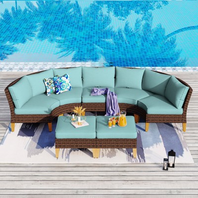 Captiva Designs 7pc Outdoor Wicker Rattan Patio Half-Moon Curved Sectional Sofa Set with Cushioned Ottoman