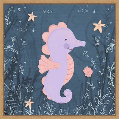 Seahorse and Turtle Blue I Pastel Canvas Wall Art with Maple Frame