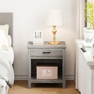 GustoWave 22" width Nightstand with Drawer,Grey Night Stand End Table Living Room with Storage Shelf,Wooden Bedside Table for Bedroom Nursery Office - 1 of 4