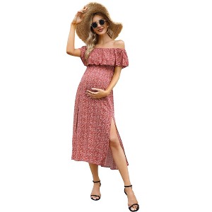 Women's ruffled one shoulder slit maternity dress with non vacuum red print red print_XL - 1 of 1