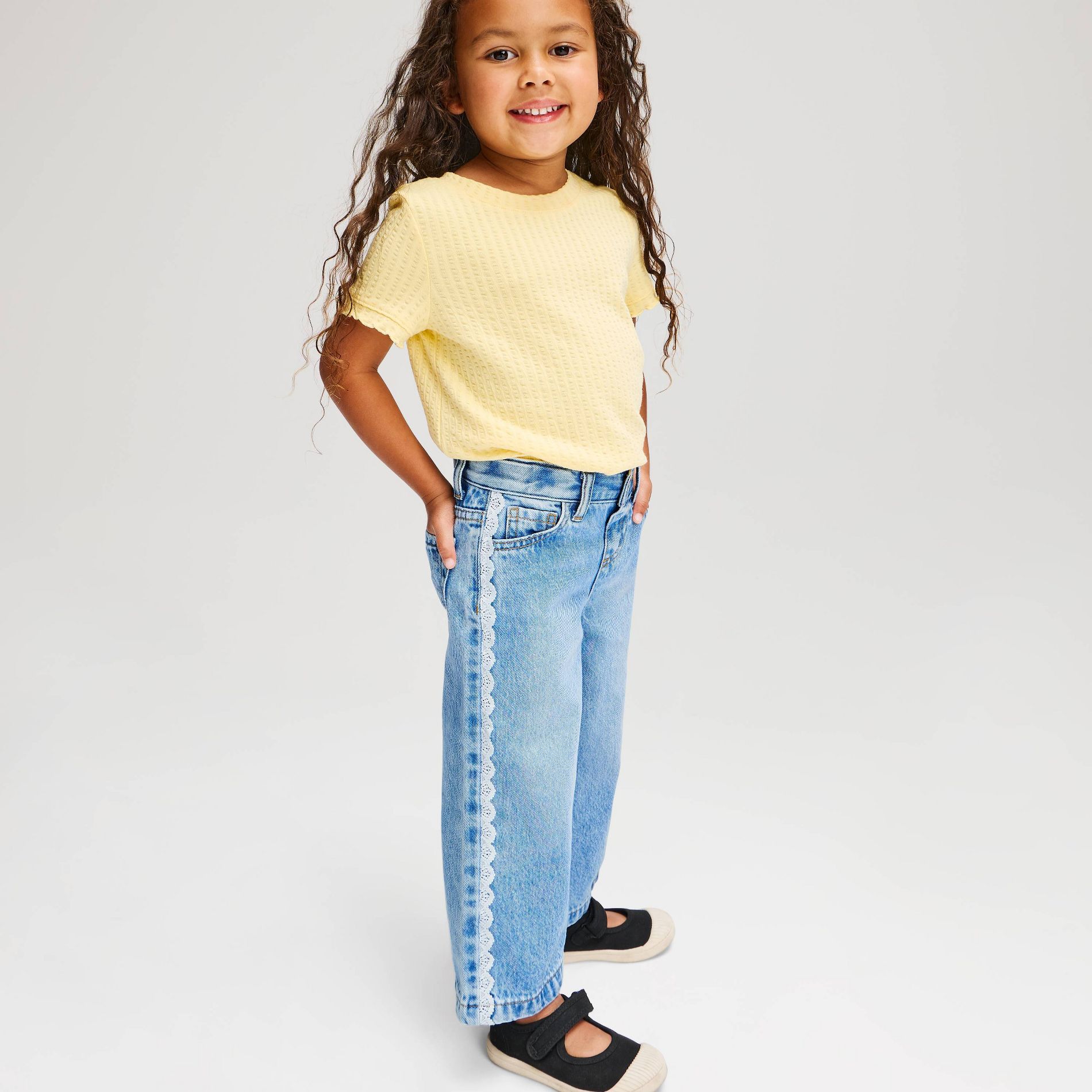 Toddler Girls' Lace Trim Wide Leg Denim Pants - Cat & Jack™ Light Wash 5T