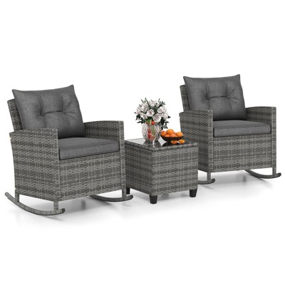 Tangkula Set of 3 Wicker Rocking Set Patio w/ Tempered Glass Table & Soft Cushions