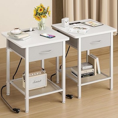 Gericco Night Stand Set 2 with 19'' D Large Tabletop and 3 Fabric Drawer, Bedside Tables with Fast Charging Station, Spacious Storage