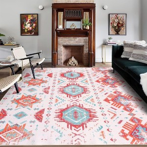 Boho Distressed Design Area Rug Vintage Geometric Rugs for Living Room Bedroom, 4'x6' Blue Red - 1 of 4