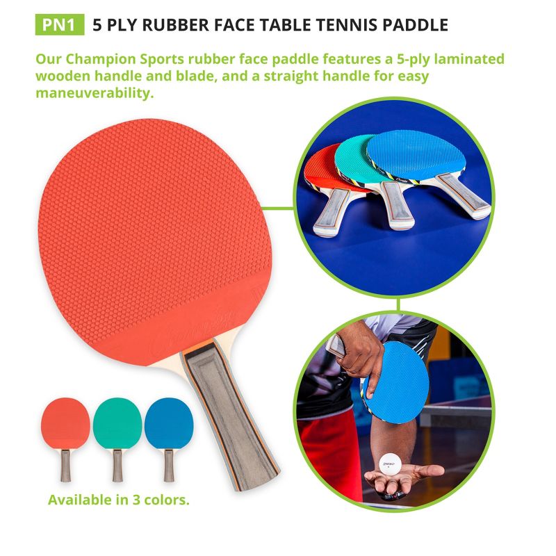 Champion Sports Rubber Face Table Tennis Paddle, 5-Ply, Pack of 6, 4 of 5
