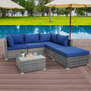 Tangkula 6PCS Patio Rattan Sectional Sofa Set Conversation Furniture Set w/ Navy Cushions - 1 of 4