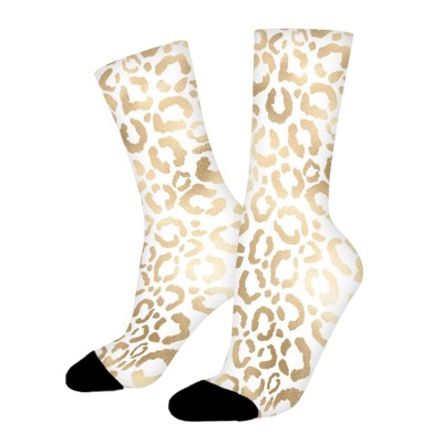Elegant Gold White Leopard Cheetah Women Printed Crew Socks Funny Funky Socks Soft Polyester Novelty Gifts for Artists Men