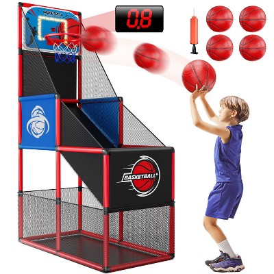 Skirfy Kids Arcade Basketball Game With Electronic Scoreboard and LED Lights, Indoor/Outdoor Basketball Hoop With 4 Balls, Red