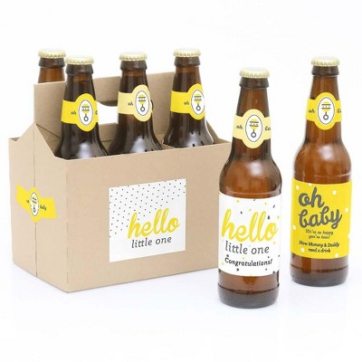 Big Dot of Happiness Hello Little One - Yellow and Gray - Neutral Baby Shower Decorations for Women & Men - 6 Beer Bottle Label Stickers and 1 Carrier