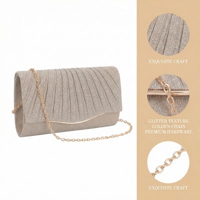 INSPIRE CHIC Pleated Clutch Purses for Women Sparkly Evening Bag Envelope Party Handbag with Chain 7.9*1.9*4.7 inches Gold — фото 3