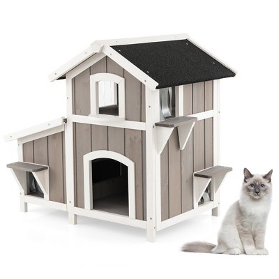 Tangkula Outdoor Feral Cat House 2-Story Wooden Kitty Shelter with Escape Door