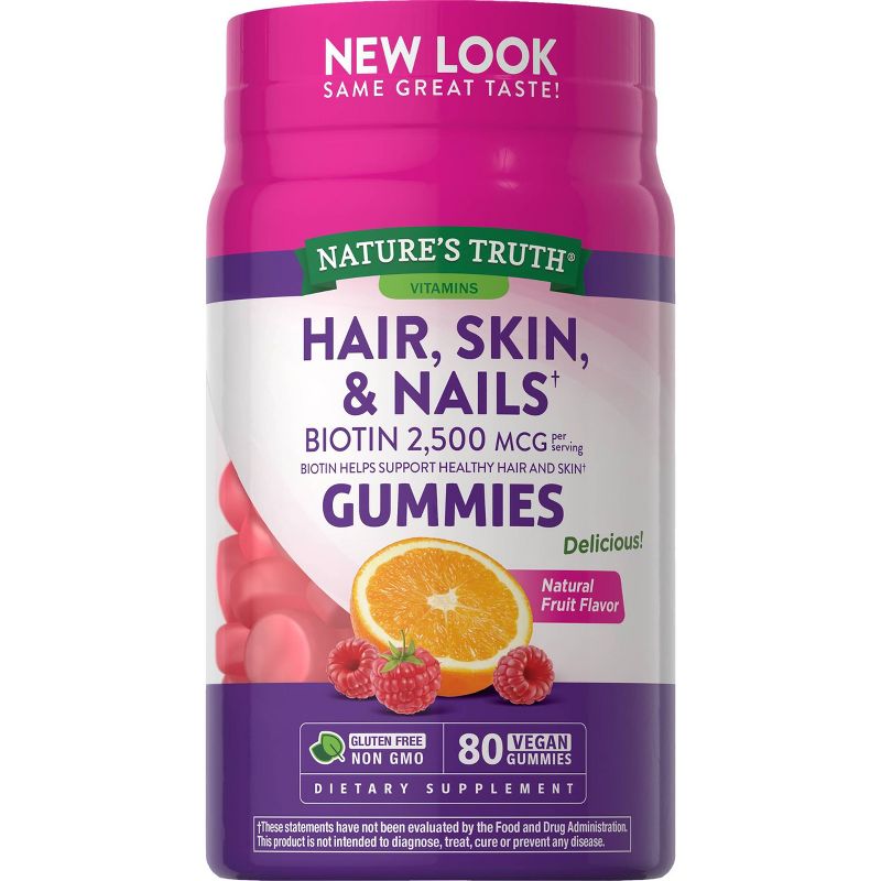 Nature&#39;s Truth Hair, Skin &#38; Nails with Biotin Vegan Gummies - Natural Fruit - 80ct, 1 of 6