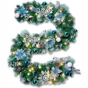 JOYFY Pre-Lit 6ft Christmas Garland with Blue Ball Ornaments, Snowflake, Flowers, Leaves, Bows and 50 LED Lights for Indoor Outdoor Xmas Holiday Decor - 1 of 4