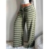 Clotth Women's Striped Pants - Casual Low Waist Drawstring Wide Leg Pants, Simple Striped Pants Set, Comfy Lounge Pants, Green with Stripes - 4 of 4