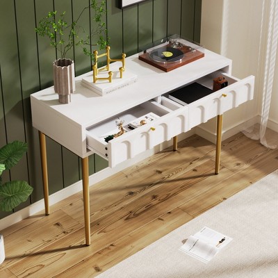 HDZNVF Modern Metal Leg Double Drawer Dressing Table, Cream White
