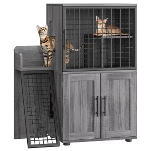 Modern Cat Litter Box Enclosure with Platform & Ladder ¨C Double Layer Hidden Cat Washroom, 33.5" L x 17.9" W x 41.9" H, Wax Wood - 1 of 4