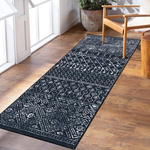 2x6 Machine Washable Runner Rug, Vintage Geometric Hallway Carpet with Non-Slip Backing, Soft Low Pile Indoor Mat for Kitchen Entryway, Black - 1 of 4