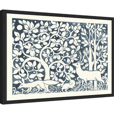 Forest Life IV Navy and White Canvas Art with Black Frame
