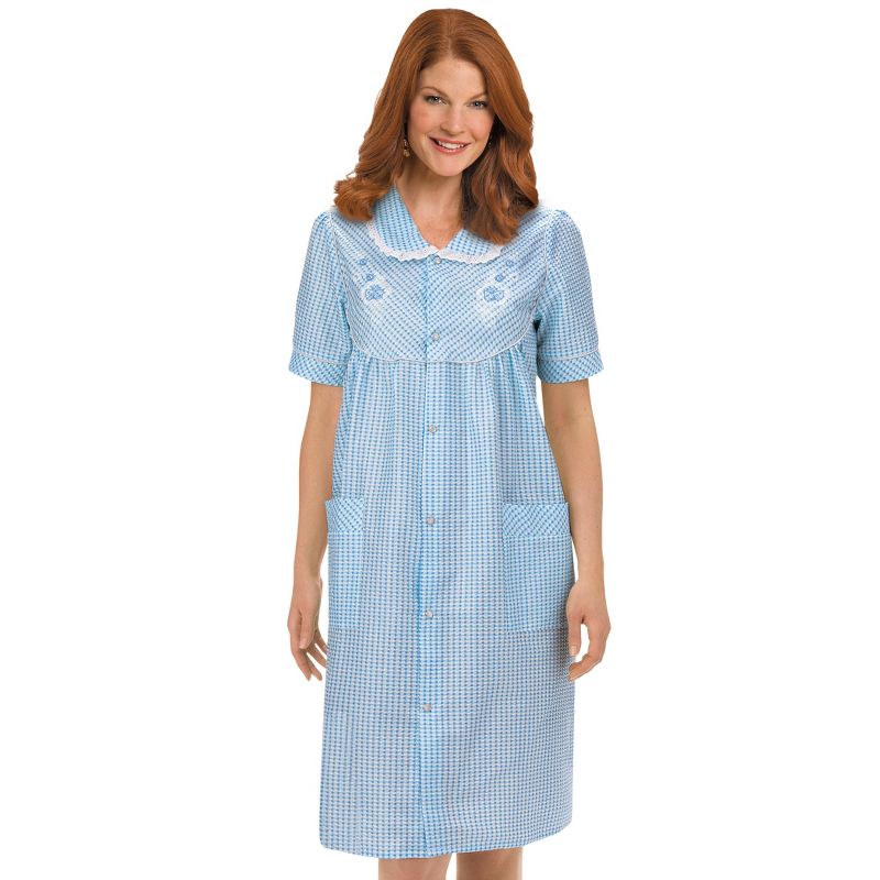 Collections Etc Collections Etc. Gingham Women's Robe with Floral Accents, Snap-Front Closure and Lace Trim, 2 of 4