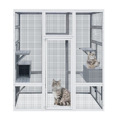 Gulches 62.6" Outdoor Wooden Cat House Large Catio, Solid Wood Cat Cage Shelter Enclosure Playpen with Anti-UV& Waterproof, 7 Platforms