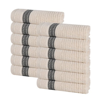 Zero Twist Cotton Ribbed Modern Geometric Border Face Towel Washcloth Set 12 by Blue Nile Mills