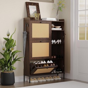 Acekool 3-Tier Shoe Cabinet with Natural Rattan Flip Drawers, Adjustable Shelves & Open Storage, Entryway Organizer in Multiple Finish - 1 of 4
