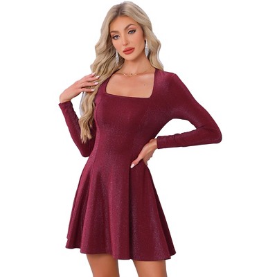 INSPIRE CHIC Women's Sparkly Square Neck Long Sleeve Cocktail Club A-Line Evening Party Dress