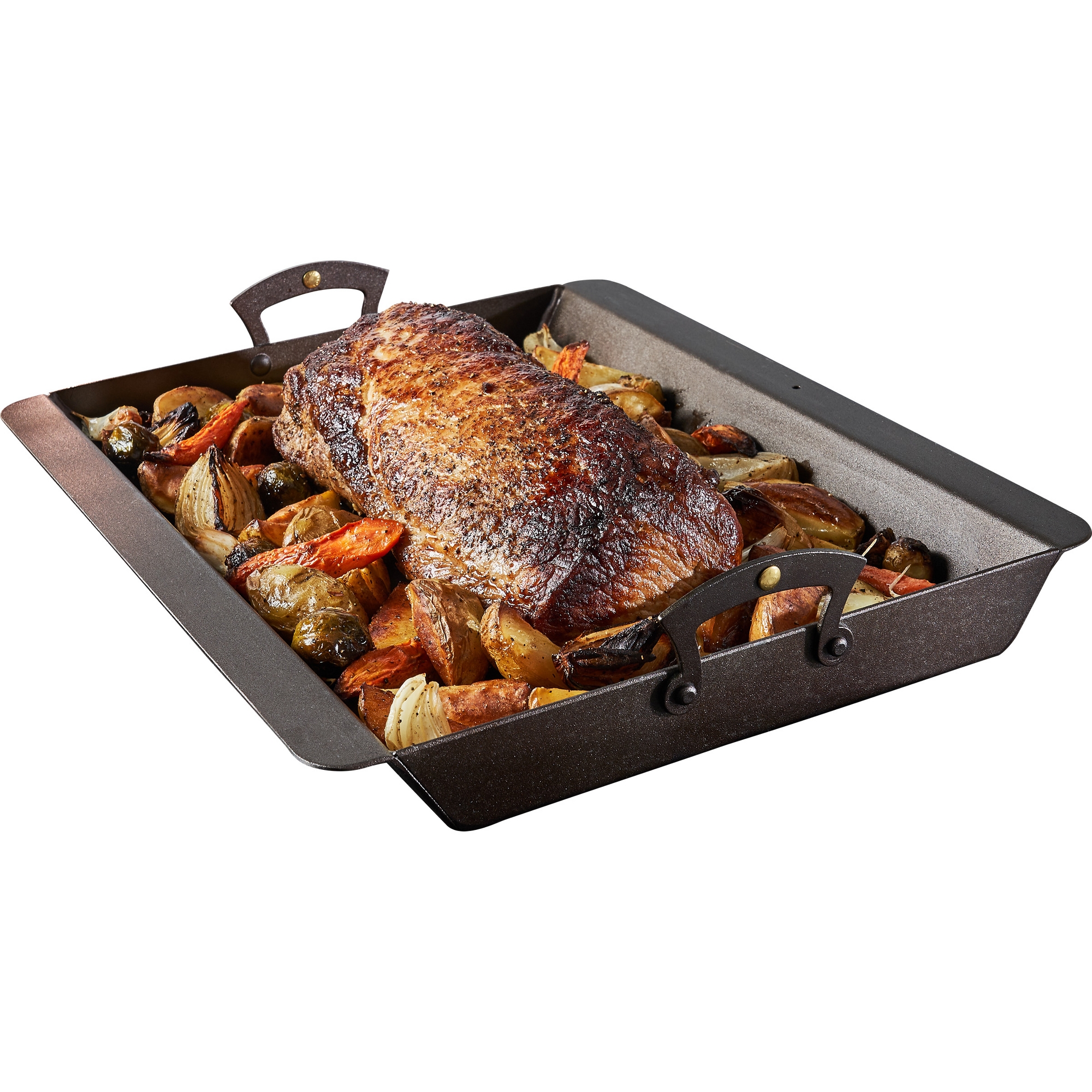 Classic Cuisine Iron Roasting Pan - 15” x 13” Pre-Seasoned Roaster Pan with Brass Riveted Handles, Flanged Edges, Tapered Walls - for Oven or Stovetop