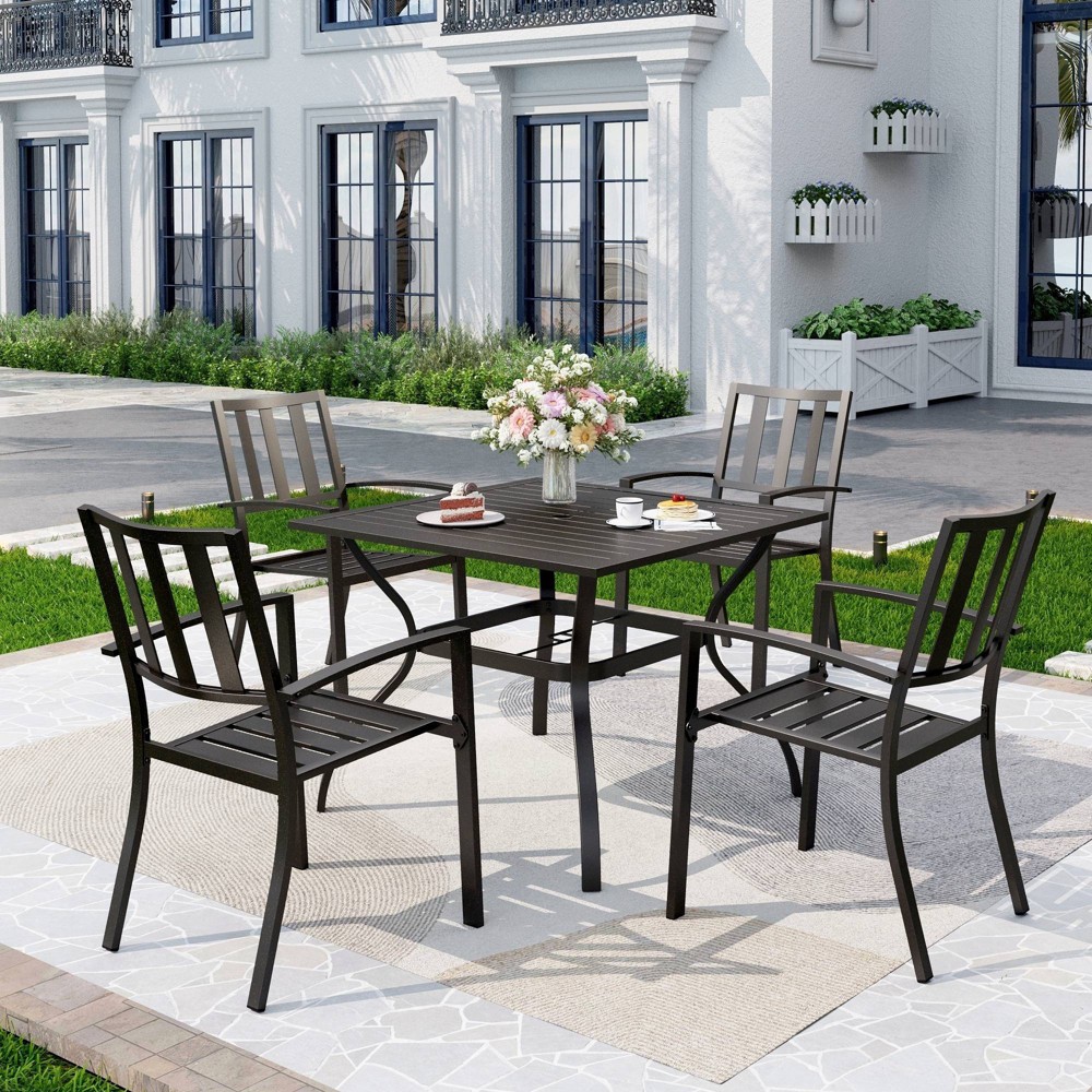 Photos - Dining Table 5pc Metal Indoor/Outdoor 37" Square Striped  with Arm Chairs & 1.57" Umbrella Hole - Captiva Designs