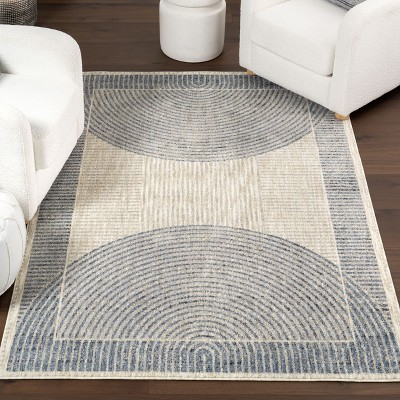 Blue and Beige Geometric Synthetic Area Rug, 5' x 7'