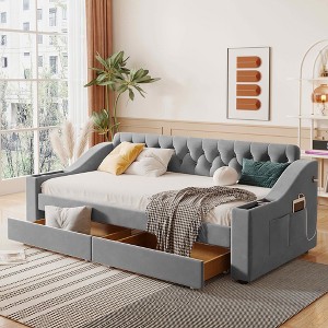 MAYEERTY Twin Size Upholstered Daybed, Storage Armrests USB Port, Bedroom, Gray - 1 of 4