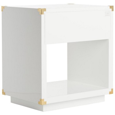 White Lacquer Rectangular Side Table with Brass Accents and Storage