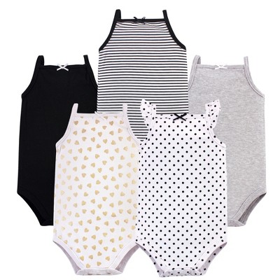 Hudson Baby Infant Girl Cotton Sleeveless Bodysuits 5pk, Basic Black Gold, 3-6 Months