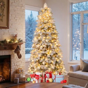 Costway 6/7 FT Artificial Snow-flocked Christmas Tree with 130 Balls, Lights, 616 Branch Tips - 1 of 4