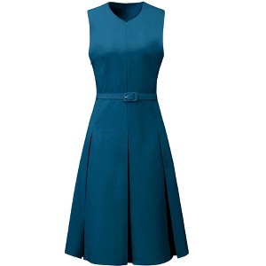 INSPIRE CHIC Women's Round Neck Sleeveless Zip Front Belted Fit Flare Work Dresses - 1 of 4
