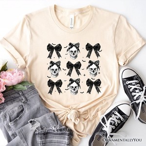 Coquette Skulls and Bows T-Shirt, Gothic Halloween Tee for Stylish Women| OrnamentallyYou - 1 of 4