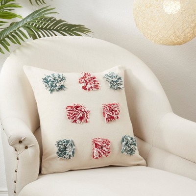 18'' Red and Green Cotton Pom Pom Throw Pillow