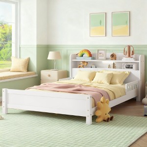 Luxystar Full Wood Bed with Bookcase Headboard ,LED Motion Sensor Light and Adjustable Guardrails - 1 of 4