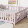 MAYEERTY Full Floor Bed with Fence and Door, Rubber Wood Bed Guardrails Pink - 3 of 4