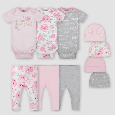 Image of Gerber Baby Girls' 10pk Floral Top and Bottom Set with Cap - Pink