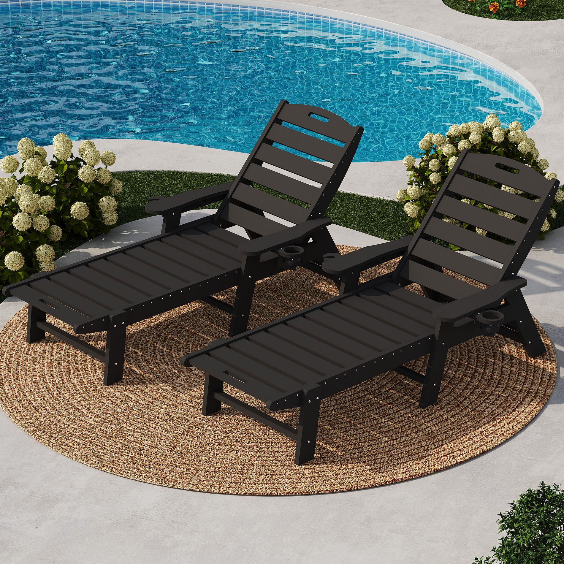 HDPE 5-Position Patio Lounge Chair for Outside, HDPE Chaise Lounge Outdoor with Cup Holder, Resin Pool Lounger Chair