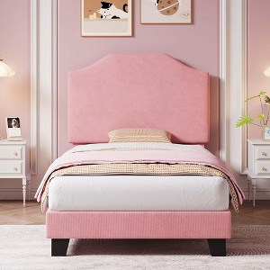 Twin Bed Frames, Corduroy Upholstered Twin Size Bed Frame Platform with Adjustable Headboard, Cute Velvet Twin Bed, Strong Wooden Slats - 1 of 4