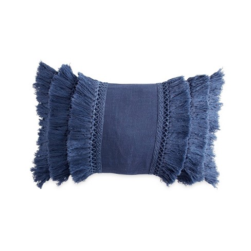 Peri Home Fringe Decorative Pillow Navy Blue Bohemian Style Cotton Texture Indoor Rectangle Cushion