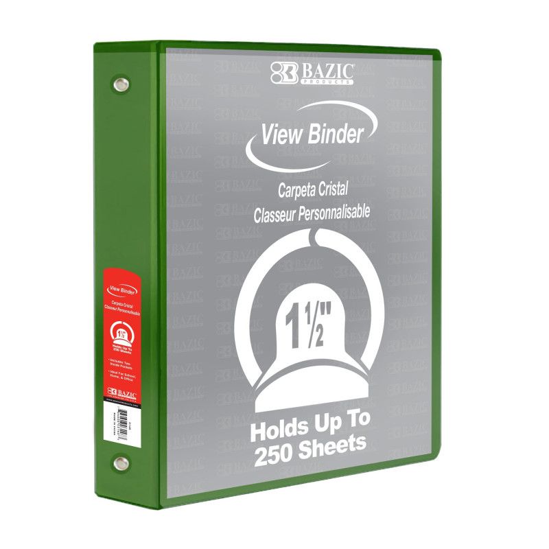 Bazic Products 3-Ring View Binder with 2 Pockets, 1.5", Green, 1 of 2