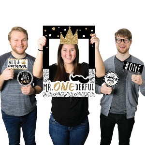 Big Dot of Happiness 1st Birthday Little Mr. Onederful - First Birthday Party Selfie Photo Booth Picture Frame and Props - Printed on Sturdy Material - 1 of 4