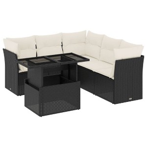 vidaXL 6 Piece Patio Sofa Set with Cushions Black and Cream Poly Rattan - 1 of 4