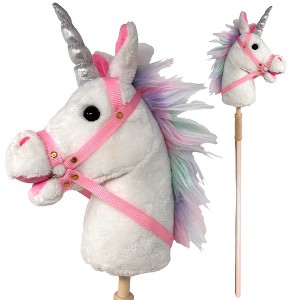 Playful Minds: Stick Pony - Unicorn - White-Pink-Purple-Green, 34" Wood Stick - 1 of 4
